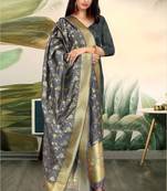 Grey Banarasi silk Weaving Work Traditional Tassel Dupatta