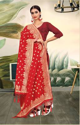 Red Banarasi silk Weaving Work Traditional Tassel Dupatta 1