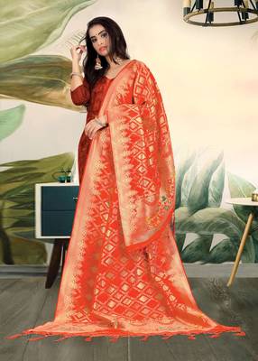 Orange Banarasi silk Weaving Work Traditional Tassel Dupatta 1
