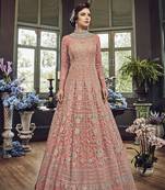 Pink Embroidered Net Semi Stitched Salwar With Dupatta