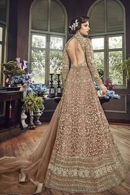 Brown Embroidered Net Semi Stitched Salwar With Dupatta 2