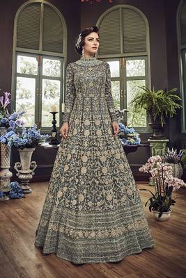 Grey Embroidered Net Semi Stitched Salwar With Dupatta 1