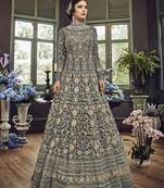 Grey Embroidered Net Semi Stitched Salwar With Dupatta