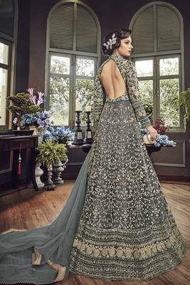 Grey Embroidered Net Semi Stitched Salwar With Dupatta 2