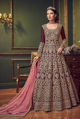Maroon Embroidered Pure Art Silk Semi Stitched Salwar With Dupatta 1