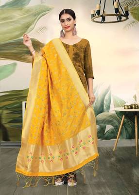 Yellow Banarasi silk Weaving Work Traditional Tassel Dupatta 1