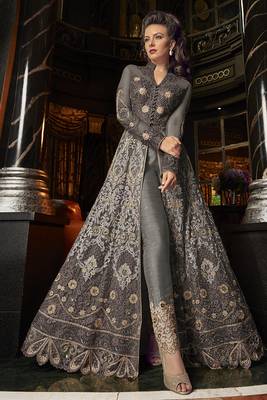 Grey Embroidered Net Semi Stitched Salwar With Dupatta 3