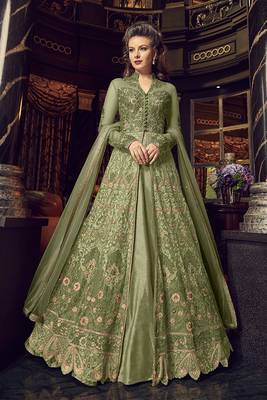 Green Embroidered Net Semi Stitched Salwar With Dupatta 1