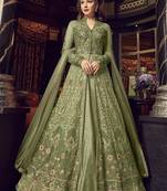 Green Embroidered Net Semi Stitched Salwar With Dupatta