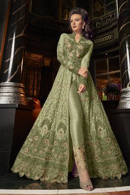 Green Embroidered Net Semi Stitched Salwar With Dupatta 2