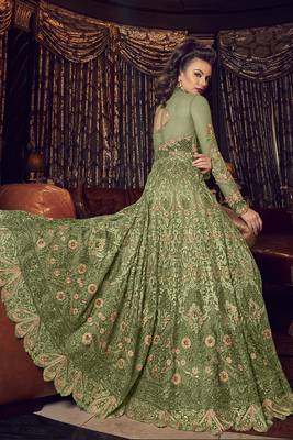 Green Embroidered Net Semi Stitched Salwar With Dupatta 3