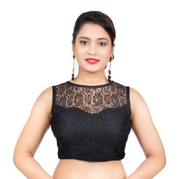 High Neck Black Dupion Silk Full Net Sleeveless Readymade blouse 1