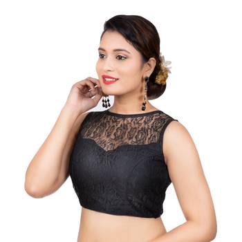 High Neck Black Dupion Silk Full Net Sleeveless Readymade blouse 2