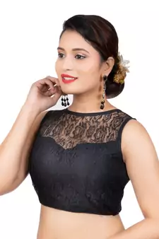 High Neck Black Dupion Silk Full Net Sleeveless Readymade blouse