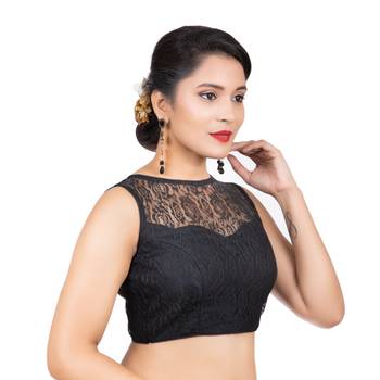 High Neck Black Dupion Silk Full Net Sleeveless Readymade blouse 3