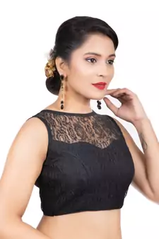 High Neck Black Dupion Silk Full Net Sleeveless Readymade blouse