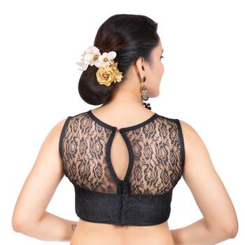 High Neck Black Dupion Silk Full Net Sleeveless Readymade blouse 4