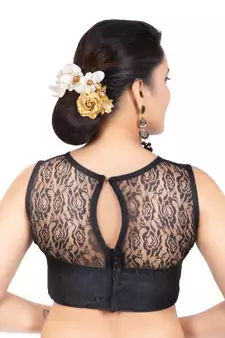 High Neck Black Dupion Silk Full Net Sleeveless Readymade blouse