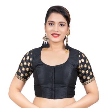 Jacquard Silk Embroidery Black Gold Net Short Sleeves Readymade blouse 1