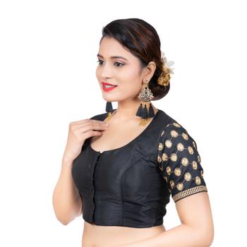 Jacquard Silk Embroidery Black Gold Net Short Sleeves Readymade blouse 2