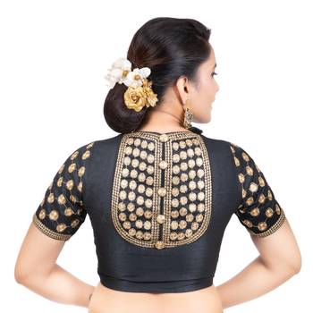 Jacquard Silk Embroidery Black Gold Net Short Sleeves Readymade blouse 4