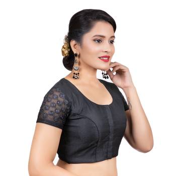 Jacquard Silk Embroidery Black Net Short Sleeves Readymade blouse 3
