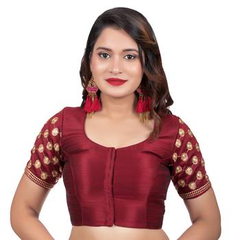 Jacquard Silk Embroidery Maroon Net Short Sleeves Readymade blouse 1