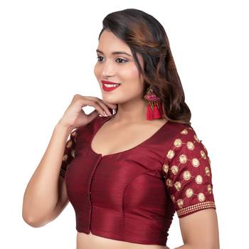 Jacquard Silk Embroidery Maroon Net Short Sleeves Readymade blouse 2