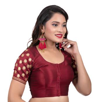 Jacquard Silk Embroidery Maroon Net Short Sleeves Readymade blouse 3