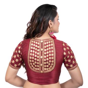 Jacquard Silk Embroidery Maroon Net Short Sleeves Readymade blouse 4