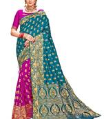 Women's Latest Design Rama Green And Pink Color Banarasi Silk Saree With Blouse Piece