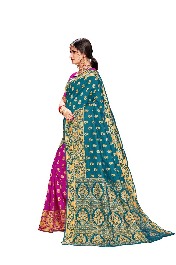 Women's Latest Design Rama Green And Pink Color Banarasi Silk Saree With Blouse Piece
