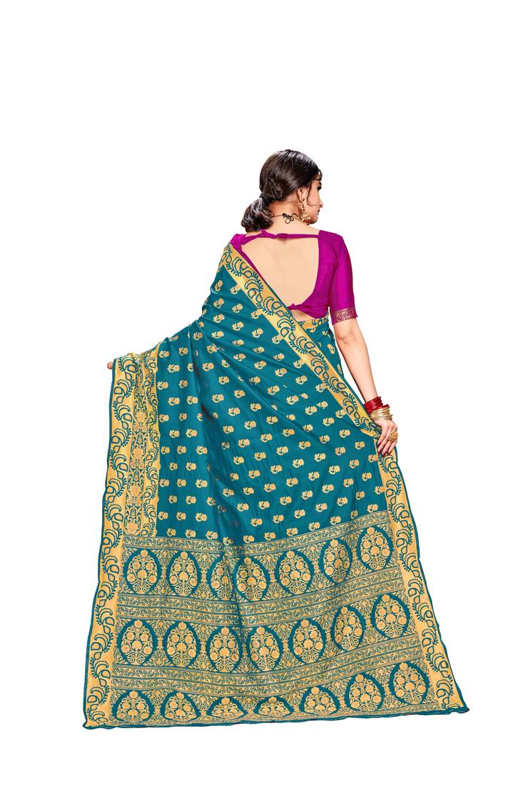 Women's Latest Design Rama Green And Pink Color Banarasi Silk Saree With Blouse Piece