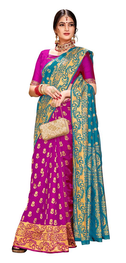 Women's Latest Design Rama Green And Pink Color Banarasi Silk Saree With Blouse Piece