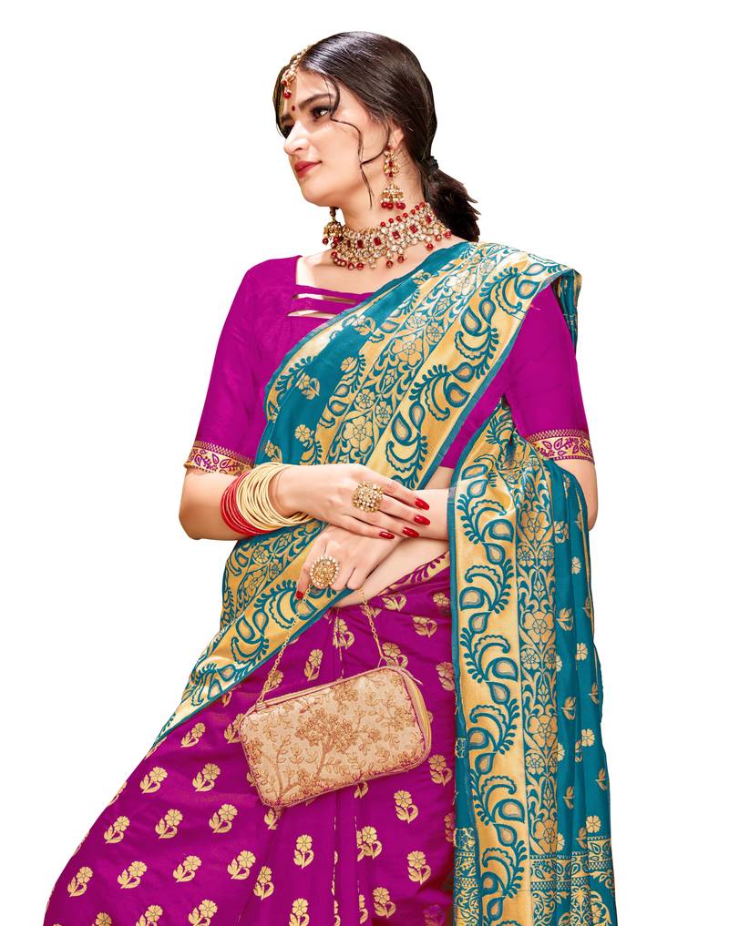 Women's Latest Design Rama Green And Pink Color Banarasi Silk Saree With Blouse Piece