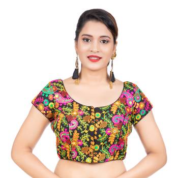 Cotton Kutchi Hand Embroidered Mirror Work Black Short Sleeves Readymade blouse 1
