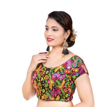 Cotton Kutchi Hand Embroidered Mirror Work Black Short Sleeves Readymade blouse 2