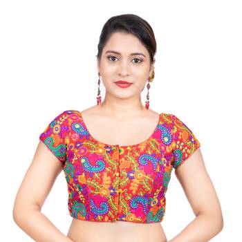 Cotton Kutchi Hand Embroidered Mirror Work Red Short Sleeves Readymade blouse 1