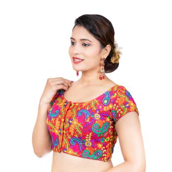 Cotton Kutchi Hand Embroidered Mirror Work Red Short Sleeves Readymade blouse 2