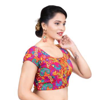 Cotton Kutchi Hand Embroidered Mirror Work Red Short Sleeves Readymade blouse 3