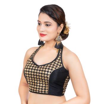 Black Banglori Silk Halter Neck Embroidery Sleeveless Backless Readymade Saree Bikini Blouse 2