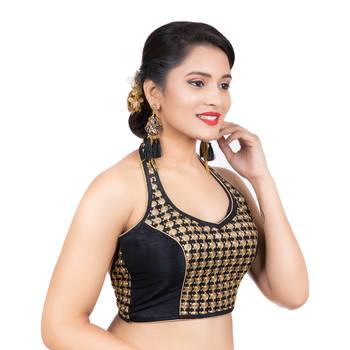 Black Banglori Silk Halter Neck Embroidery Sleeveless Backless Readymade Saree Bikini Blouse 3