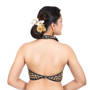 Black Banglori Silk Halter Neck Embroidery Sleeveless Backless Readymade Saree Bikini Blouse 4