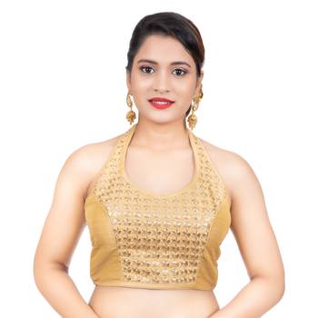 Banglori Silk Halter Neck Embroidery Gold Sleeveless Backless Readymade Saree Bikini Blouse 1