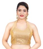 Banglori Silk Halter Neck Embroidery Gold Sleeveless Backless Readymade Saree Bikini Blouse