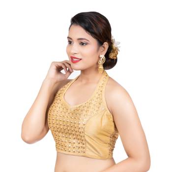 Banglori Silk Halter Neck Embroidery Gold Sleeveless Backless Readymade Saree Bikini Blouse 2