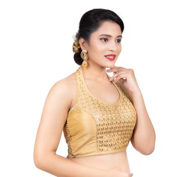Banglori Silk Halter Neck Embroidery Gold Sleeveless Backless Readymade Saree Bikini Blouse 3
