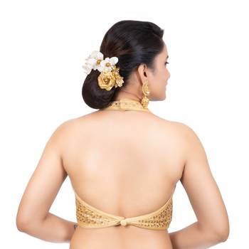 Banglori Silk Halter Neck Embroidery Gold Sleeveless Backless Readymade Saree Bikini Blouse 4