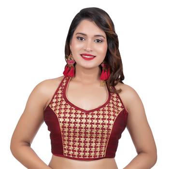 Maroon Banglori Silk Halter Neck Embroidery Sleeveless Backless Readymade Saree Bikini Blouse 1