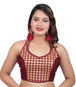 Maroon Banglori Silk Halter Neck Embroidery Sleeveless Backless Readymade Saree Bikini Blouse
